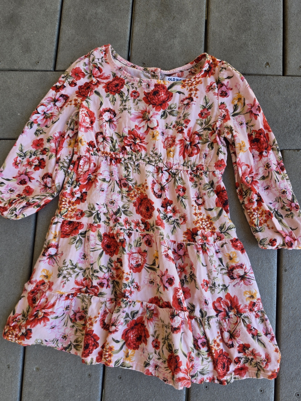 Old Navy Girls' Pink Floral Tiered Long-Sleeve Dress